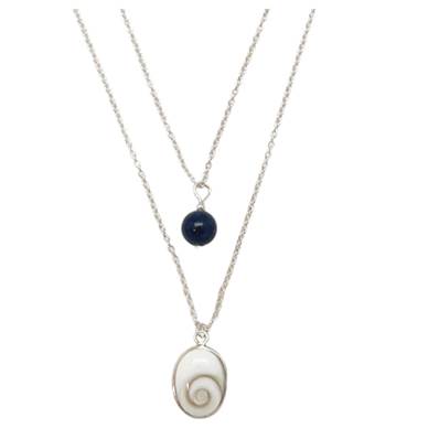 Collier Double Chaîne Argent 925 Oeil de Sainte Lucie et Lapis Lazuli