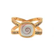 Bague Plaqué-Or 750/°°° Oeil de Méditerrannée – double anneau pavé