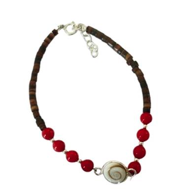 Bracelet Minorquine Marron Et Corail Teinté Avec Œil De Sainte Lucie