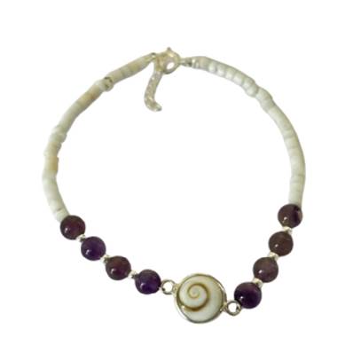 Bracelet Minorquine Blanche Et Améthyste Avec Œil De Sainte Lucie