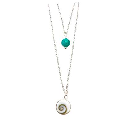 Collier Double Chaîne Argent 925 Oeil de Sainte Lucie et Pâte de Turquoise